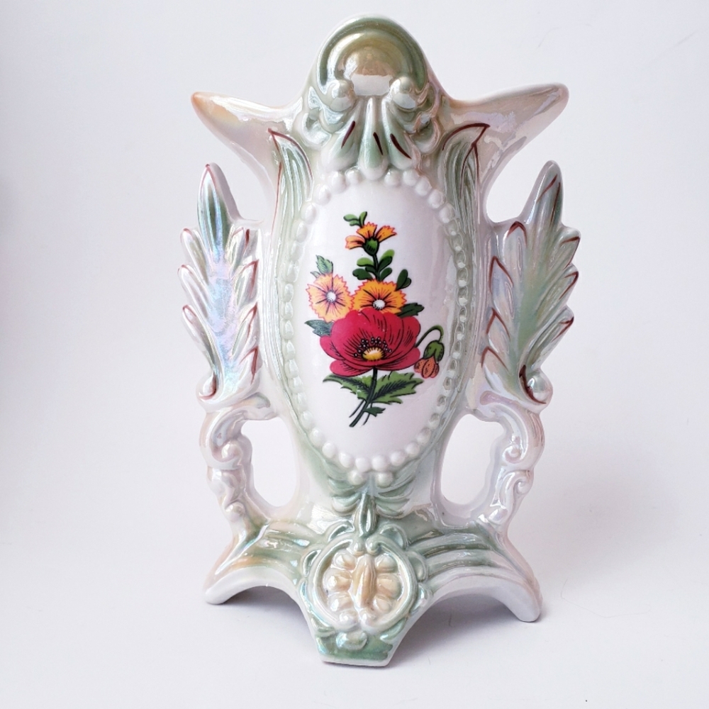 Vintage Lusterware Green Floral Print Vase